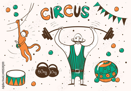 Circus and amusement vector illustrations set. Doodle style drawing