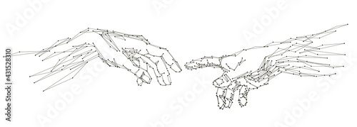 Reaching hands close up detail from The Creation of Adam of Michelangelo fresco detail illustration on the white background, abstract vector 3d. Digital polygonal low poly mesh illustration