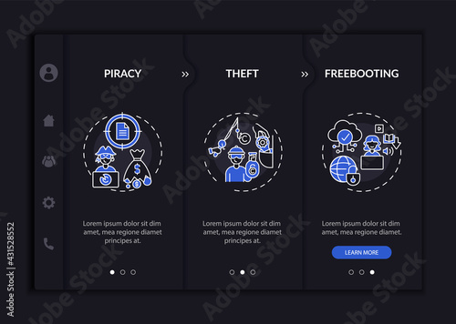 Copyright violation kinds onboarding vector template