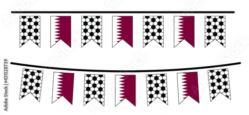 Bright party bunting flag with the flag of Qatar. Football net pattern. Soccer ball party buntings flags. Funny vector sport icon. World sport finale or school game cup.