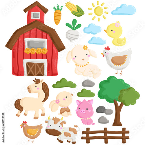 A Vector Set of Cute Farm Animal and Barnyard Doodle in the Morning
