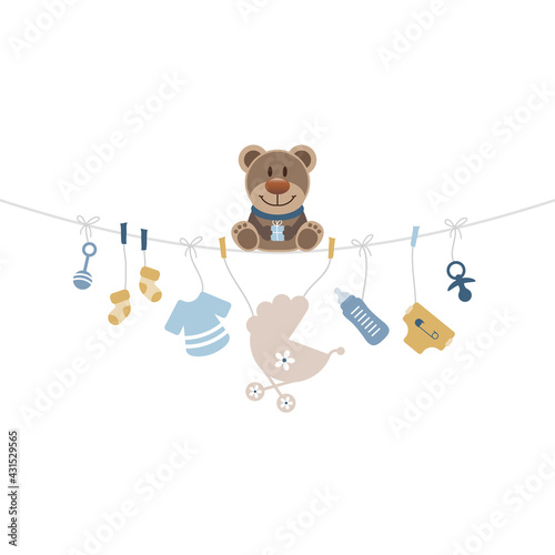 Brauner Teddy & Hängende Babysymbole Junge Retroblau Senfgelb