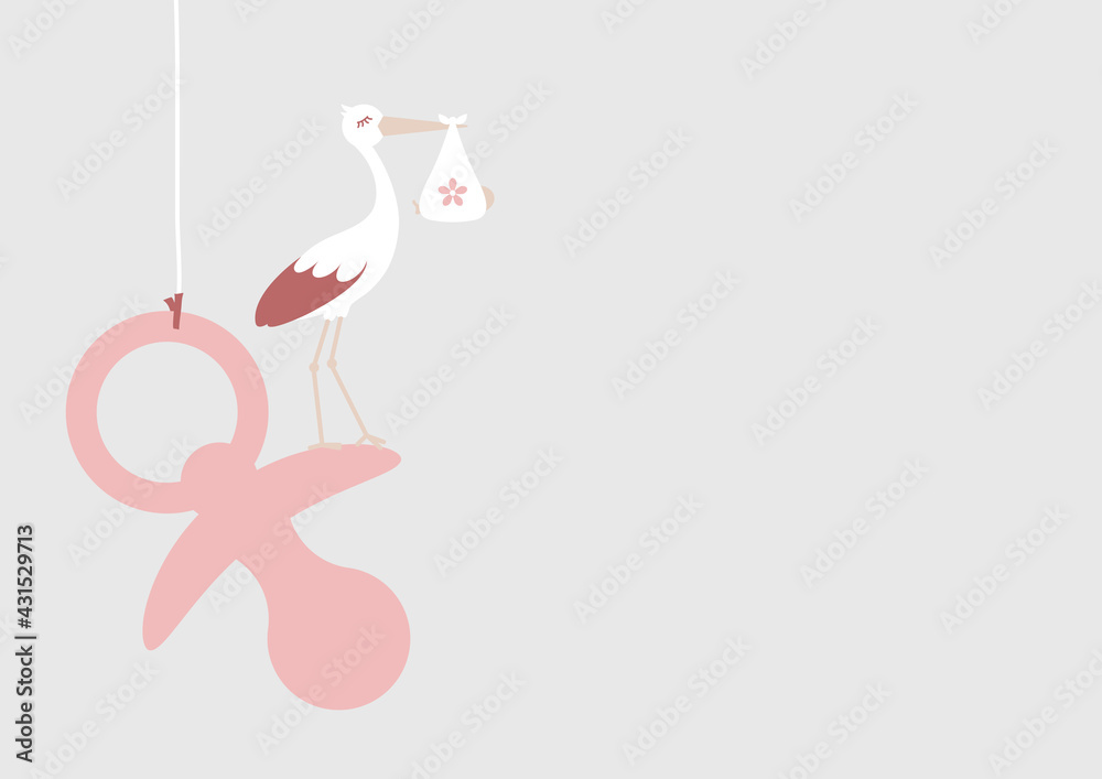 Storch Mit Baby Mädchen Auf Großem Hängendem Schnuller Rosa Grau Storch Mit Baby Mädchen Auf Großem Hängendem Schnuller Rosa Grau