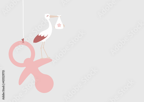 Storch Mit Baby Mädchen Auf Großem Hängendem Schnuller Rosa Grau