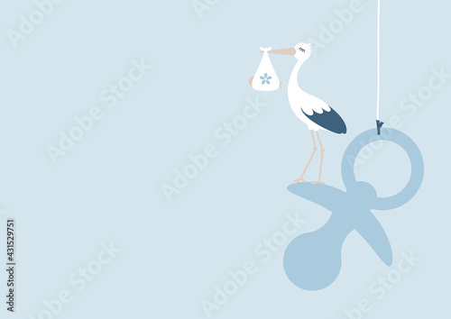Storch Mit Baby Junge Auf Rechts Hängendem Schnuller Retroblau