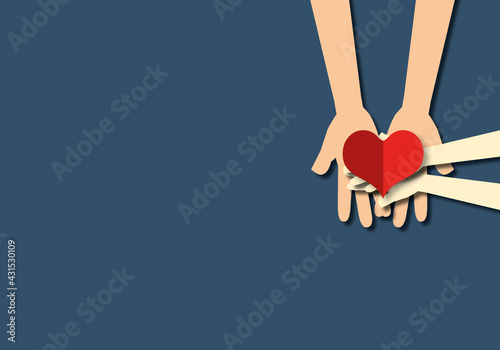 Hand holding a heart,  family love, warmth, unity, oneness, care, protection, encourage, concept family, happy mother's day, paper cut style.