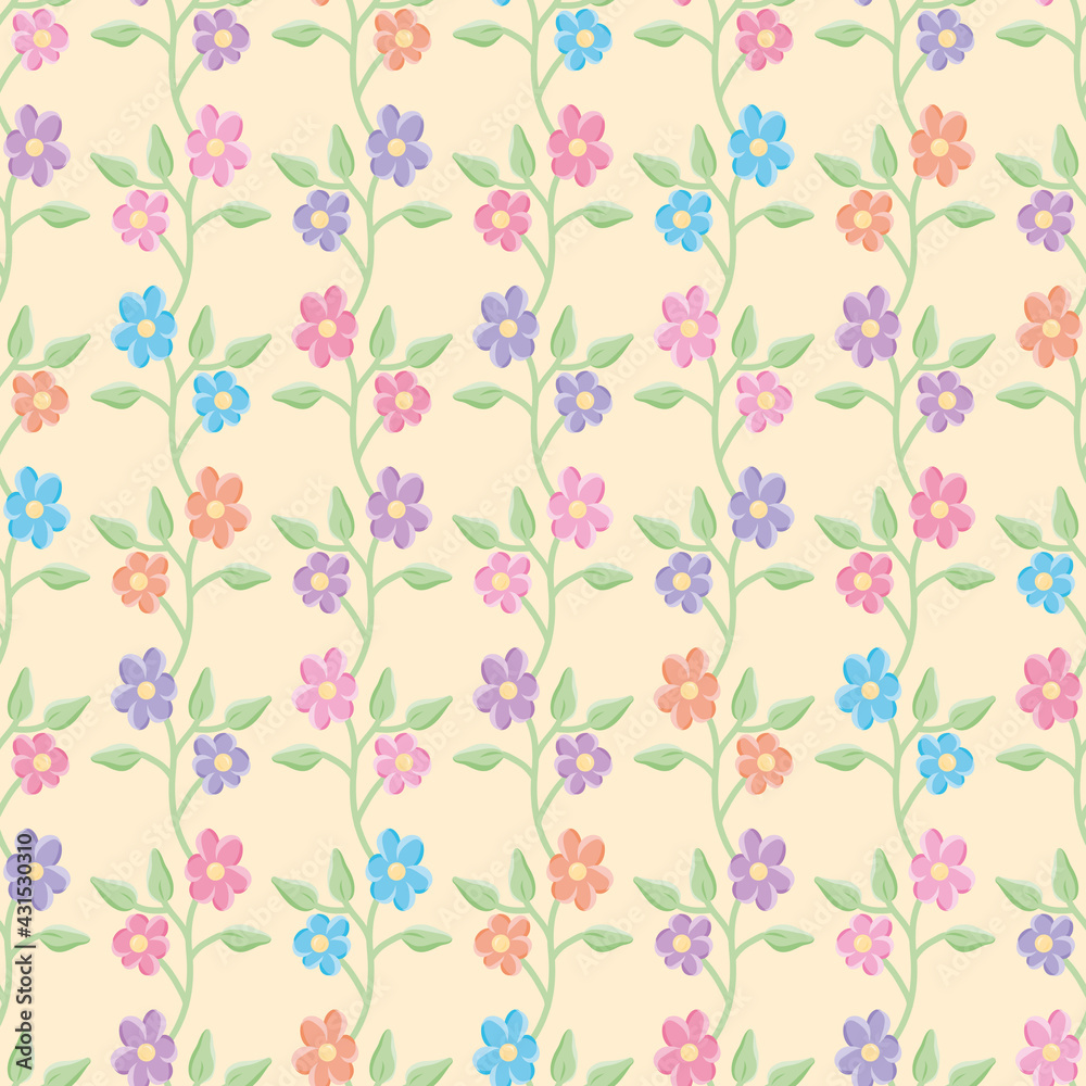 Colorful flower lattice seamless vector pattern. Cute doodle floral illustration background.