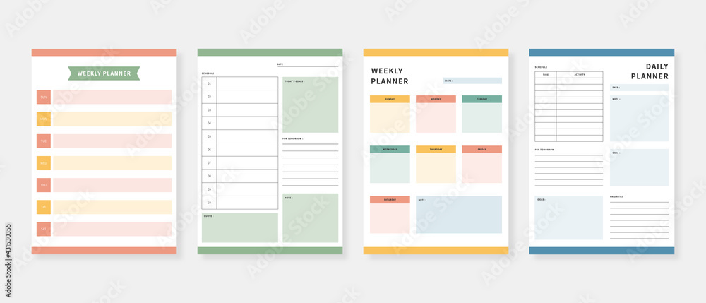 © 7AM - Modern planner template set. Set of planner and to do list. Monthly, weekly, daily planner template. Vector illustration.