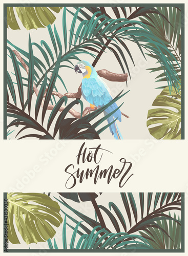 Vintage tropical design with exotic monstera and royal palm leaves, blue macaws and branches. Vector illustration.