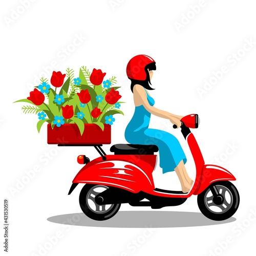 Flower delivery girl on a scooter on a white background in vector EPS8