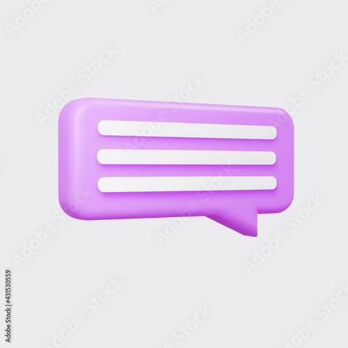 Purple 3d bubble talk isolated on gray background. Glossy purple speech bubble, dialogue, messenger shape. 3D render vector icon for social media or website