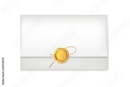 White mail envelope with a gold stamp on a light background.Vector illustration of the wax luxury seal.Design element.