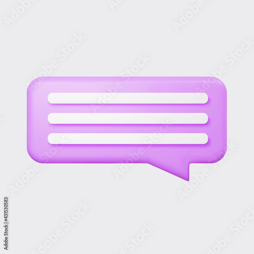 Purple 3d bubble talk isolated on gray background. Glossy purple speech bubble, dialogue, messenger shape. 3D render vector icon for social media or website