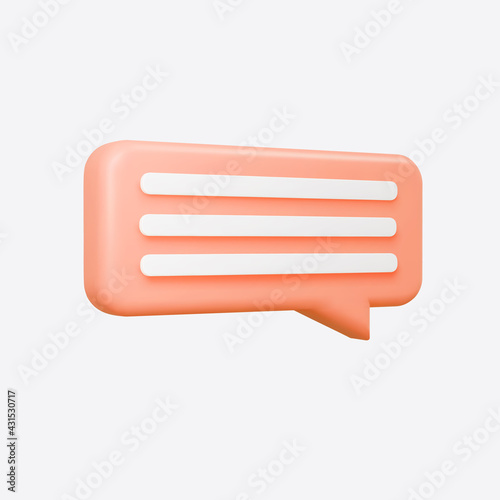 Orange 3d bubble talk isolated on gray background. Glossy coral speech bubble, dialogue, messenger shape. 3D render vector icon for social media or website