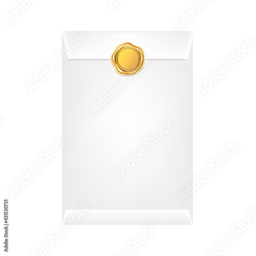 White mail envelope with a gold stamp on a light background.Vector illustration of the wax luxury seal.Design element.