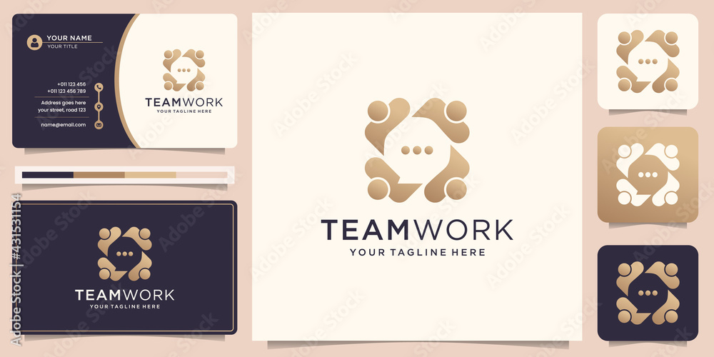 Fototapeta premium Abstract people vector logo design represents teamwork, diversity, signs and symbols with business card template. Premium Vector