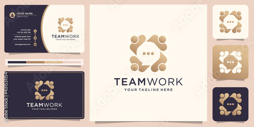 Abstract people vector logo design represents teamwork, diversity, signs and symbols with business card template. Premium Vector