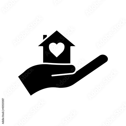 hand icon with home and heart. charity symbol, donation, humanity. Editable stroke. Design template vector