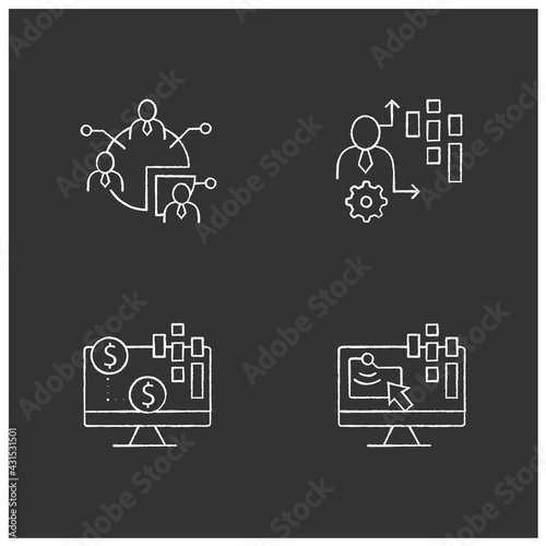 Customer data platform chalk icons set. Audience segments, transactional data, behavioral date. Customer data concepts. Isolated vector illustrations on chalkboard