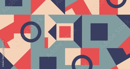 Abstract Geometric pattern loop. Circles, squares, triangles seamless animation. 4K Stock video footage, vintage flat style. Retro Geometric background, multicolor shapes, red, blue, gray and beige