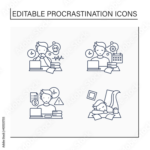 Procrastination line icons set. Worrier, defier procrastinator, mess, late payments. Overwhelmed concept. Isolated vector illustrations.Editable stroke