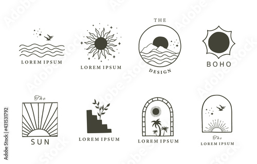 Collection of line design with sun,sea,wave.Editable vector illustration for website, sticker, tattoo,icon