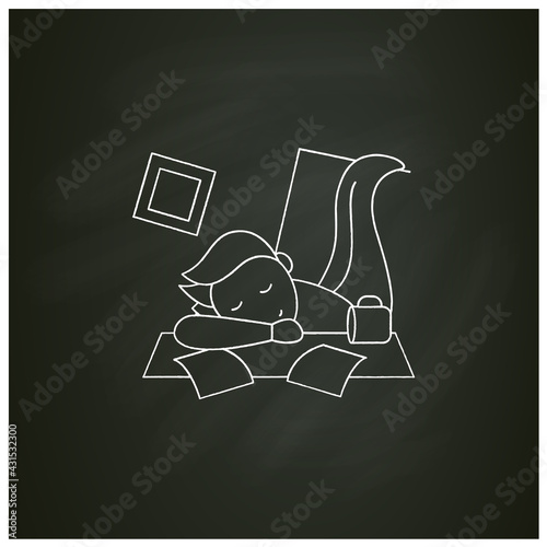Mess chalk icon. Chaos in house. Laziness. Person sleep on desk. Procrastination concept. Isolated vector illustration on chalkboard