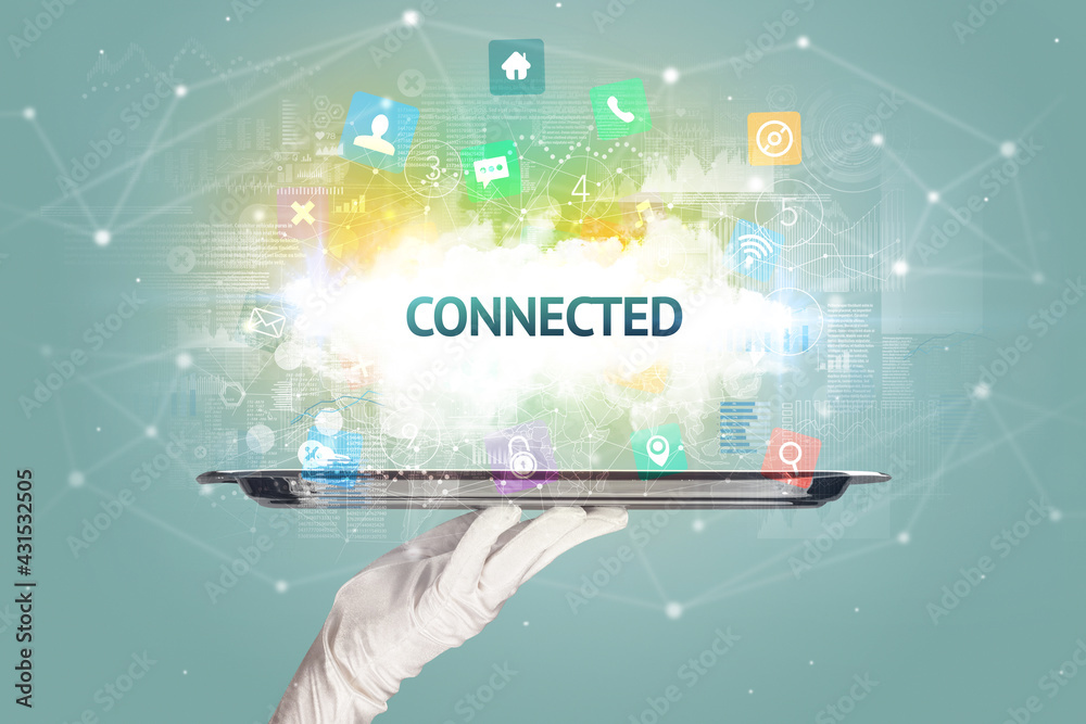 Waiter serving social networking concept Waiter serving social networking concept