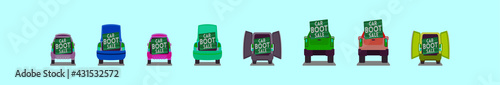 set of car boot cartoon icon design template with various models. vector illustration isolated on blue background
