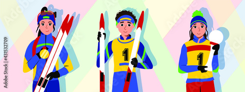 Biathlon set. Winter sports. Biathlete. Athletes with an award. Skiers and biathlons. Stock vector flat illustration.