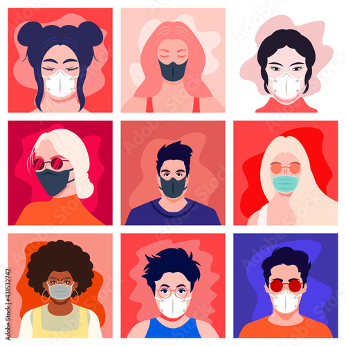 People in medical face protection mask. people avatars.