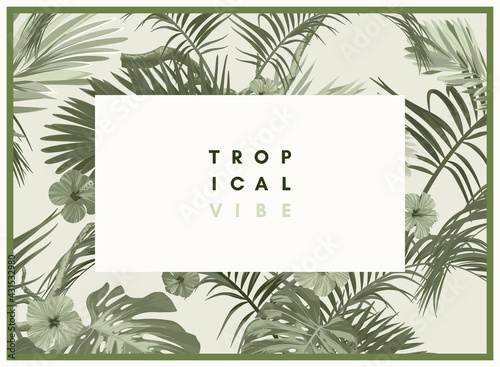Vintage monochrome pale plive tropical design with exotic monstera and royal palm leaves and hibiscus flowers. Vector illustration.