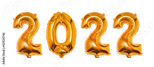 Foil Golden Christmas 2022 balloons in form of numbers isolated on white background. Happy New Year 2021. Flat lay, top view.