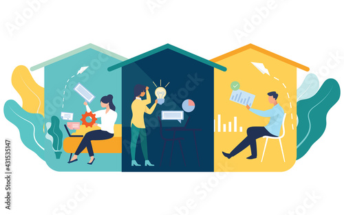 Group of people working from home on the internet, creative space, self isolation, freelancer working on leptop vector, illustration