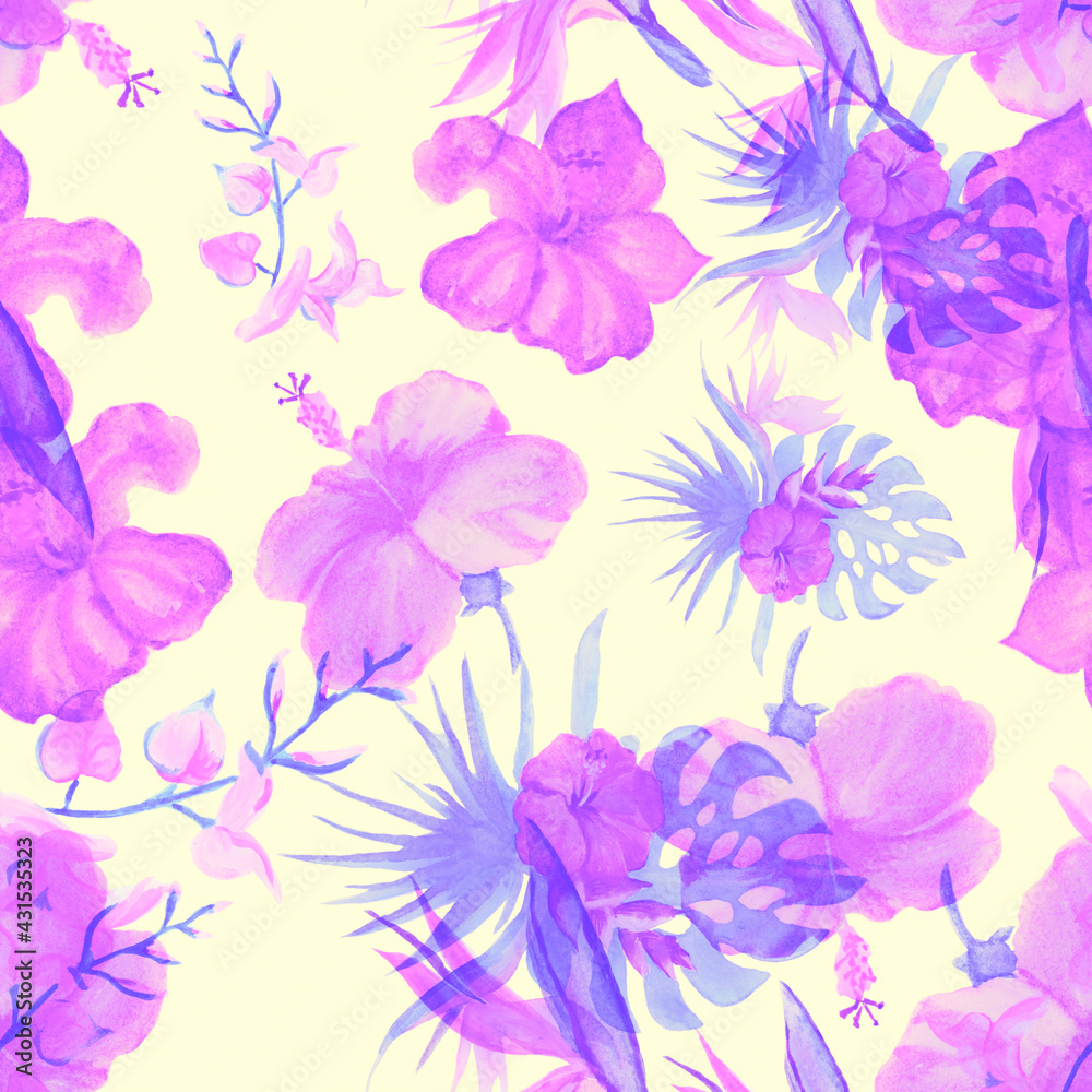 Pink Hibiscus Texture. Violet Flower Print. Purple Seamless Print. Watercolor Design. Pattern Jungle.Blue Tropical Garden.Exotic Jungle. Art Backdrop.