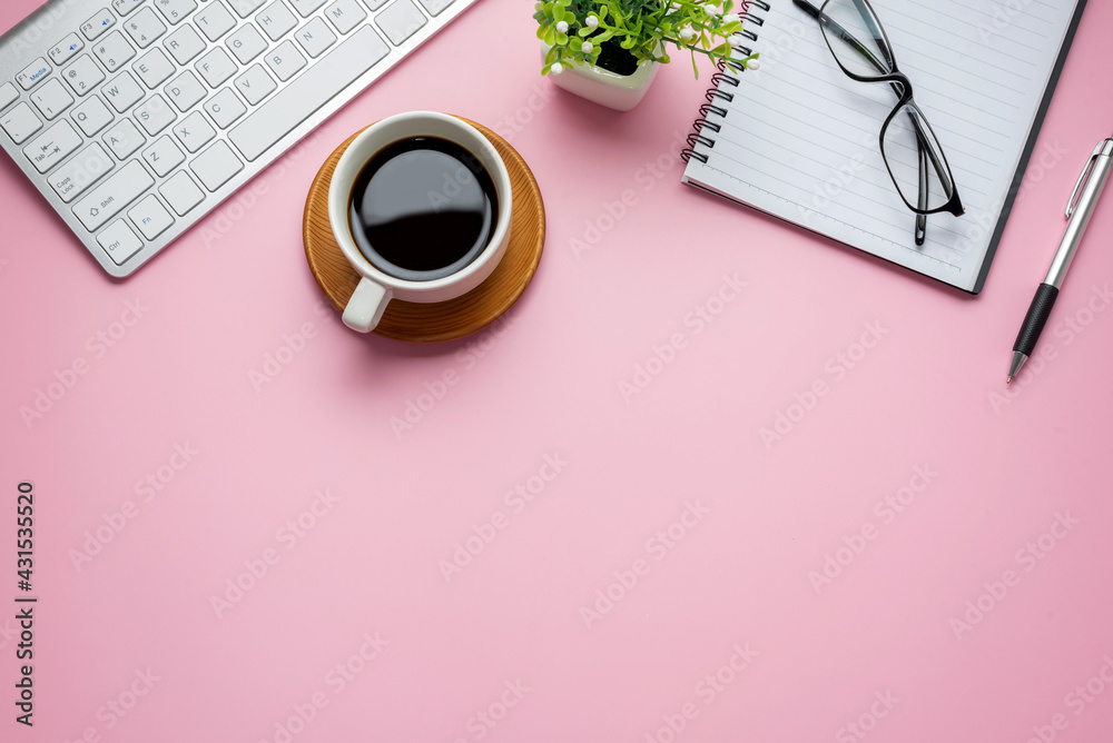 Minimal workspace with work devices pink on background. Minimal workspace with work devices pink on background.