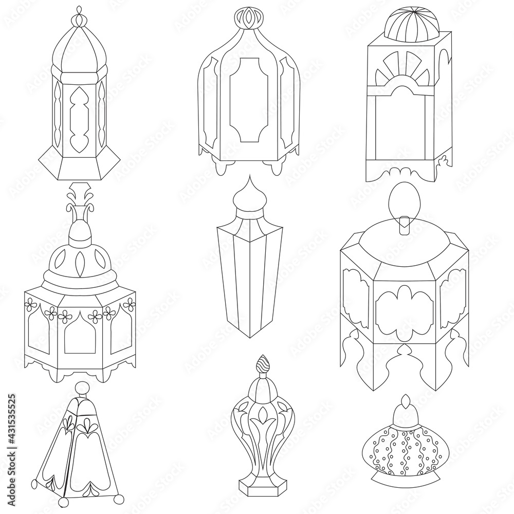 Eastern Arabic traditional portable lantern. Doodle style set. Vector stock illustration. Eastern Arabic traditional portable lantern. Doodle style set. Vector stock illustration.