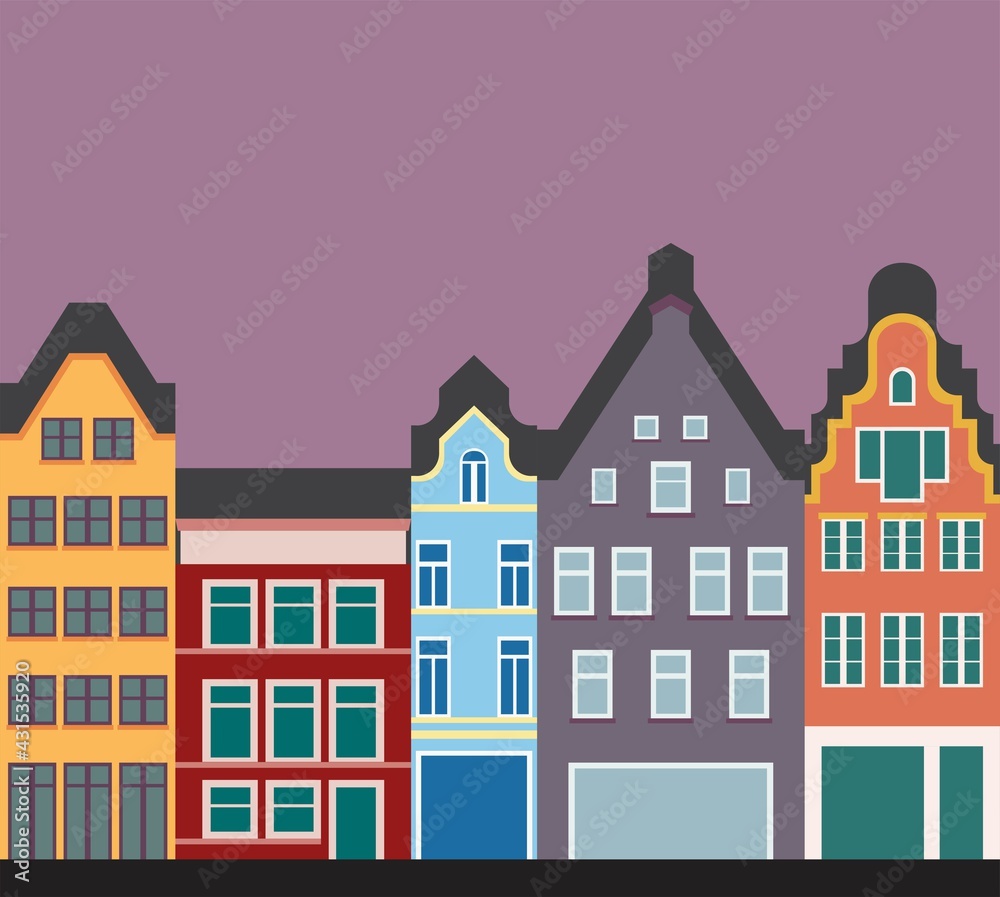 Colorful classic row houses collection front elevation view.