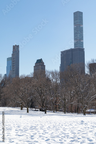Sheep Meadow Covered in Snow at Central Park in New York City with the Midtown Manhattan Skyline during Winter