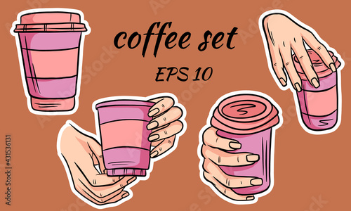 Takeaway coffee glass in hand and separately drawn in cartoon style
