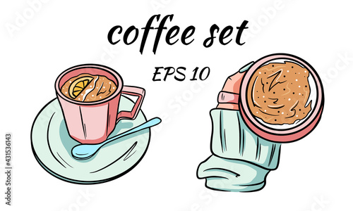 A mug with coffee in hand in gentle tones is drawn in a cartoon style