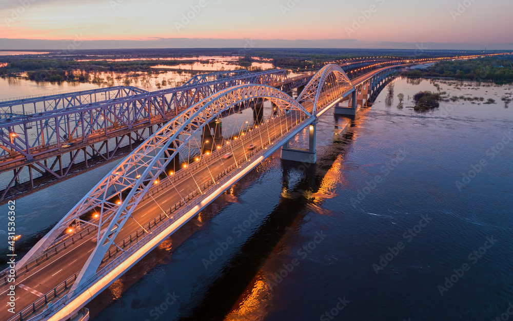 Aerial late evening view on the bridge over the Volga river Aerial late evening view on the bridge over the Volga river
