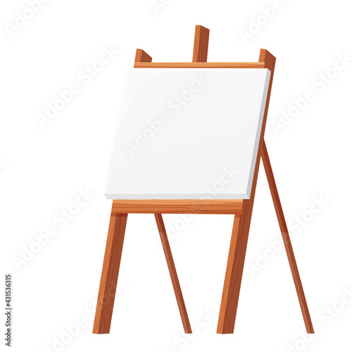 Wooden easel empty blank paper mock up in cartoon style isolated on vector white illustration. Artist equipment, advertising board.