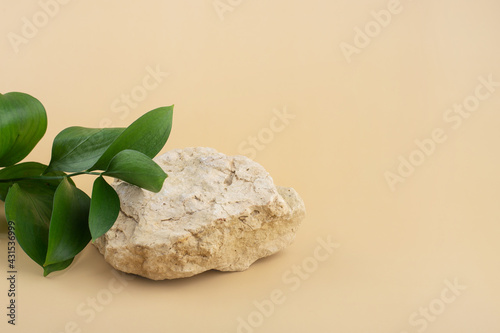Background for cosmetic products of natural beige color. Stone podium and green leaves. Front view.