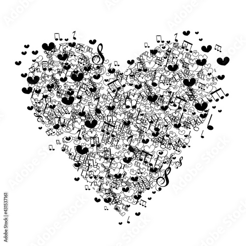 Heart of notes and hearts Happy Valentines Day music from heart sketch cartoon vector illustration