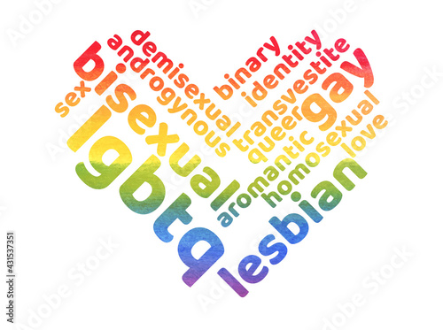 Colorful Rainbow Pride Tagcloud Isolated on White Background. Watercolor Illustration with Words