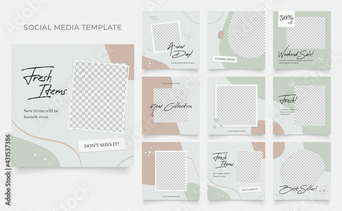 social media template blog fashion sale promotion. fully editable instagram and facebook square post frame organic sale poster. green brown white ad banner vector background
