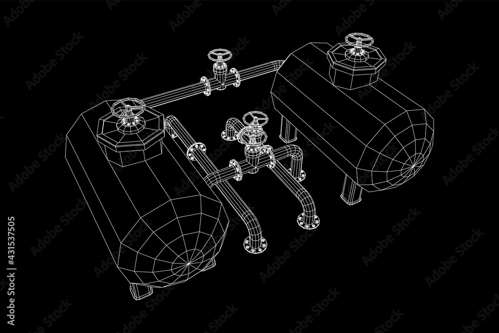 Oil tank storage of flammable materials and pipeline with valve. Finance economy polygonal petrol production. Petroleum fuel industry transportation line. Wireframe low poly mesh vector illustration. Oil tank storage of flammable materials and pipeline with valve. Finance economy polygonal petrol production. Petroleum fuel industry transportation line. Wireframe low poly mesh vector illustration.