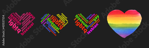 Colorful Rainbow Pride Heart Shape Tagcloud Isolated on Dark Background. Illustration with Words
