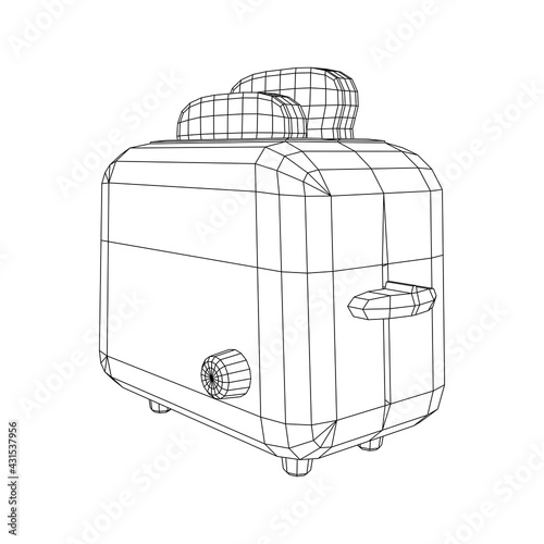 Toaster with two fried pieces of loaf prepared for a breakfast. Wireframe low poly mesh vector illustration.